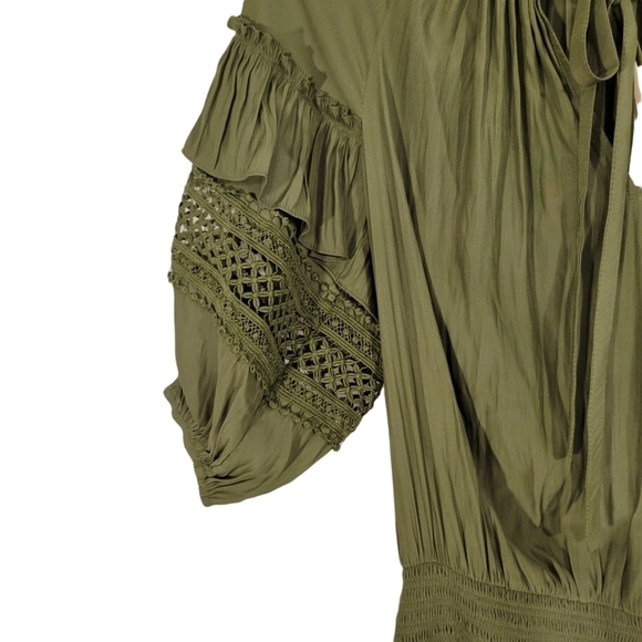 NWT Ramy Brook Olive Green Bell Sleeve Smocked Mara Dress - Picture 4 of 8